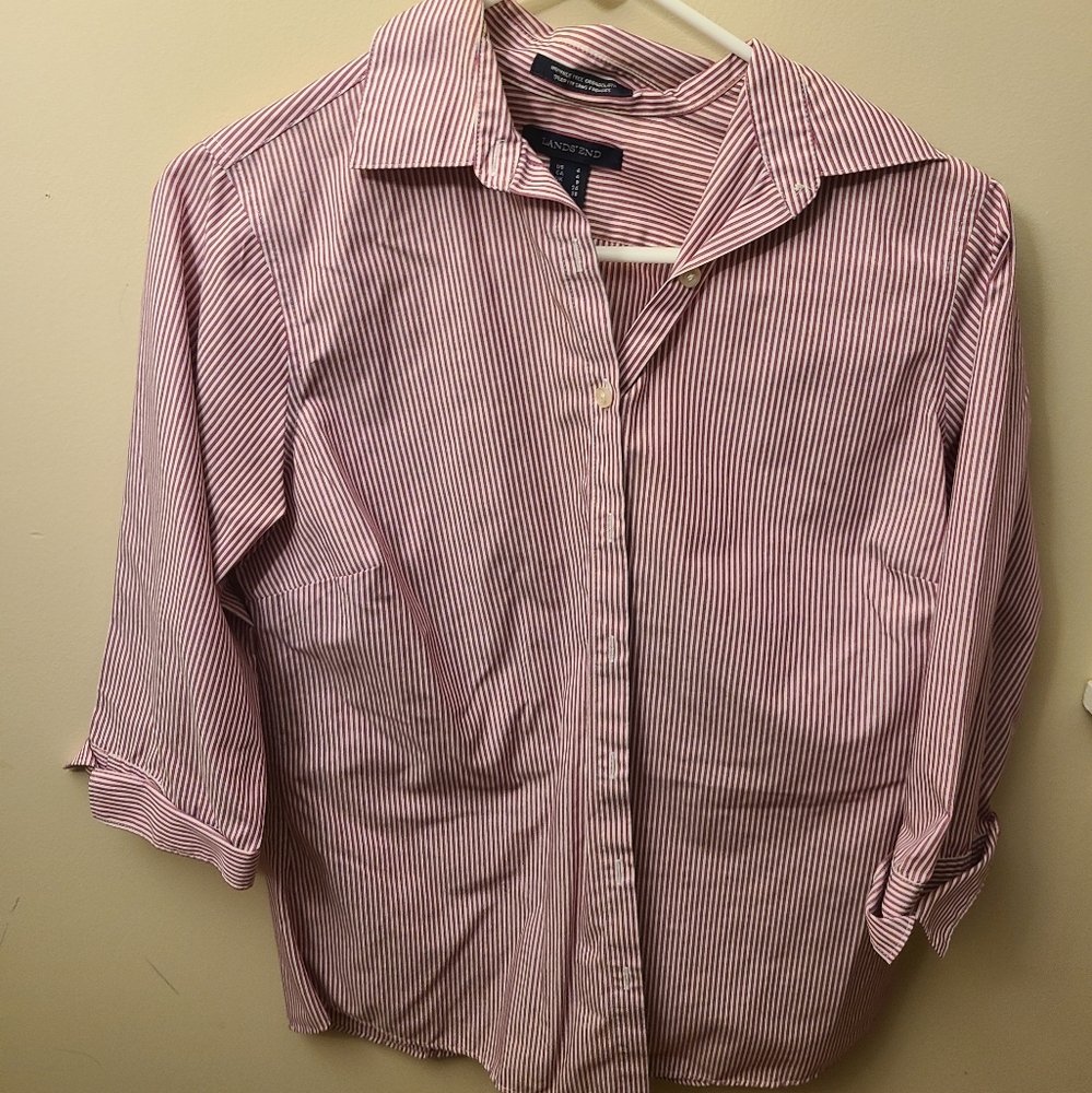 Lands End Button Up Blouse Broadcloth Stripes
